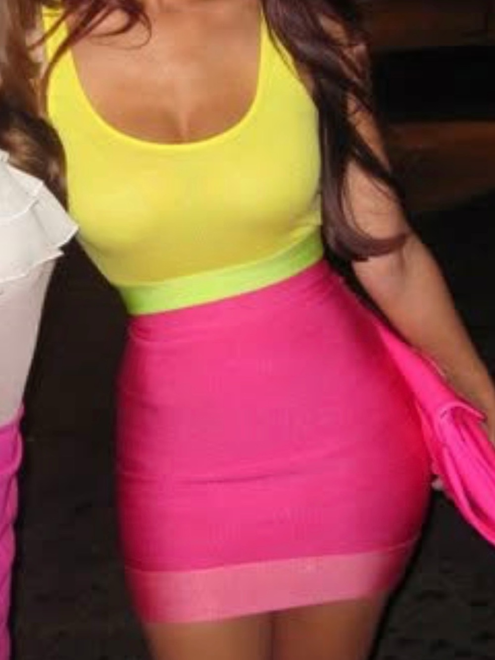 Herve Leger Neon Pink and Yellow Bandage Dress